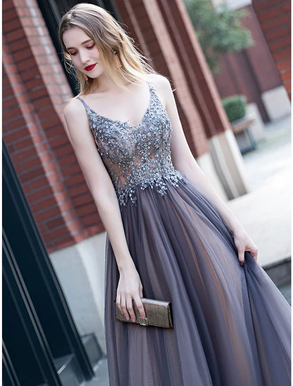 A-Line Elegant Party Prom Dress V Neck Sleeveless Floor Length Tulle Pleats Appliques