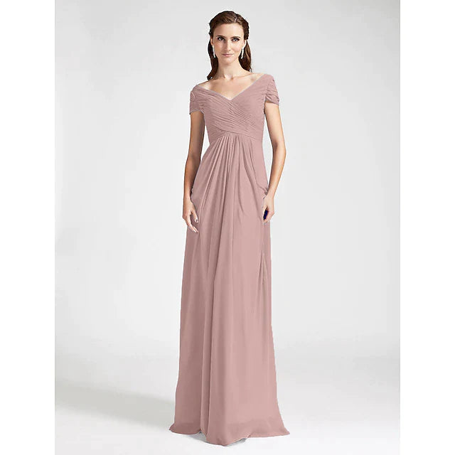 Sheath / Column Bridesmaid Dress V Neck / Off Shoulder Short Sleeve Open Back Floor Length Chiffon with Criss Cross / Draping