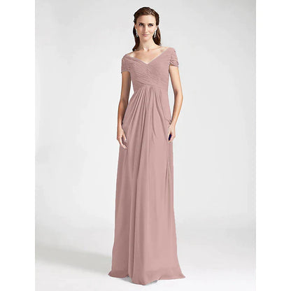 Sheath / Column Bridesmaid Dress V Neck / Off Shoulder Short Sleeve Open Back Floor Length Chiffon with Criss Cross / Draping
