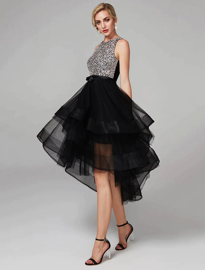 Dress Knee Length Sleeveless Satin Beading Cascading Ruffles