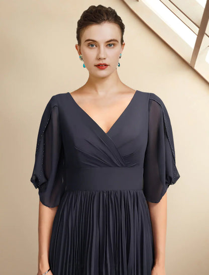 A-Line Mother of the Bride Dress Plus Size Elegant V Neck Chiffon Half Sleeve with Pleats