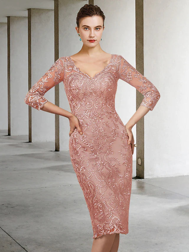 Sheath / Column Mother of the Bride Dress Elegant V Neck Knee Length Chiffon Lace Half Sleeve with Appliques