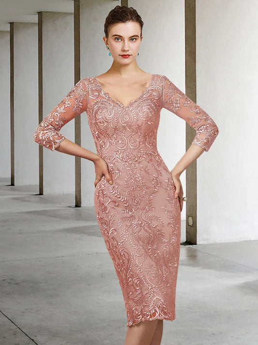 Sheath / Column Mother of the Bride Dress Elegant V Neck Knee Length Chiffon Lace Half Sleeve with Appliques