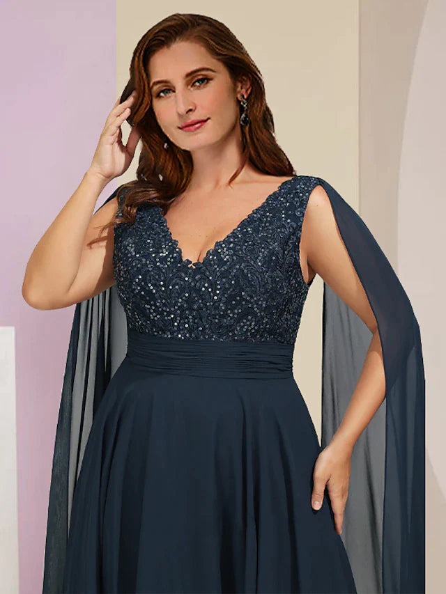 Plus Size Curve Mother of the Bride Dress Formal Party Elegant V Neck Floor Length Chiffon Lace Sleeveless with Pleats Sequin