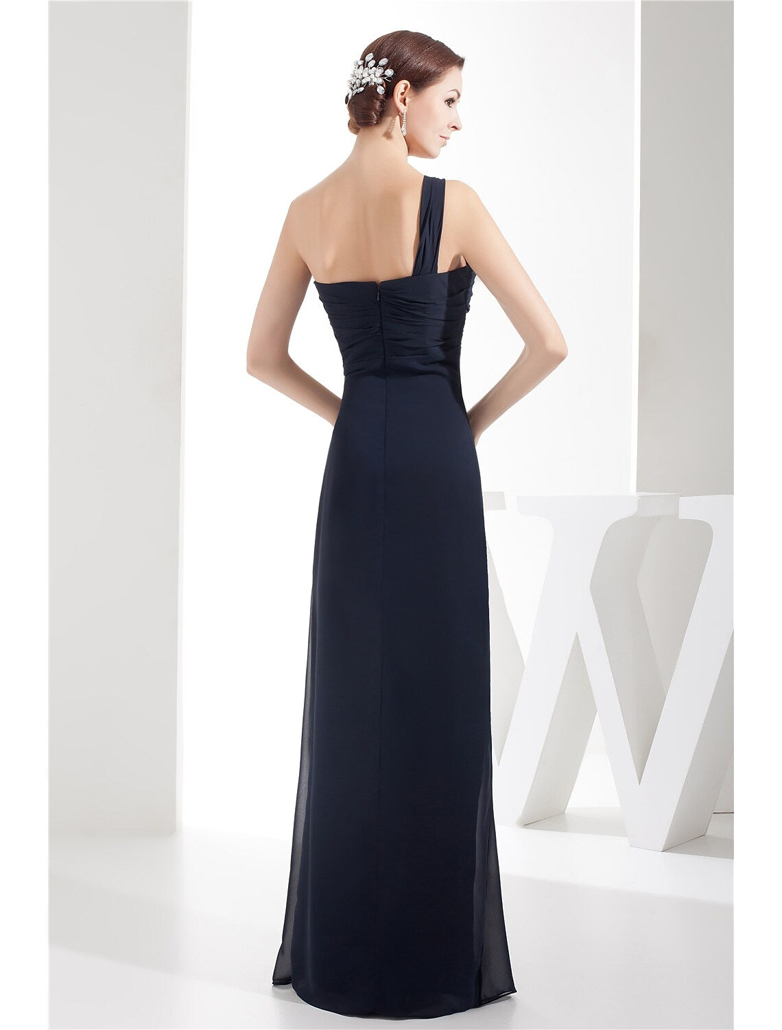 Evening Gown Dress Wedding Floor Length Sleeveless One Shoulder Chiffon with Ruched