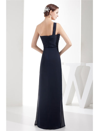 Evening Gown Dress Wedding Floor Length Sleeveless One Shoulder Chiffon with Ruched