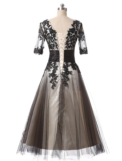 Evening Gown Dress Wedding Guest Ankle Length Half Sleeve Neck with Lace Appliques