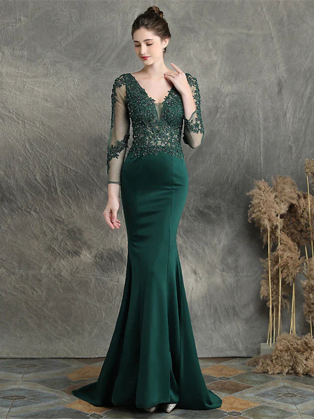 Prom Dresses Elegant Dress Long Sleeve V Neck Cotton Blend with Beading Appliques