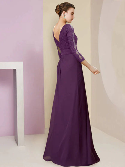 Sheath / Column Mother of the Bride Dress Formal Elegant Scoop Neck Floor Length Chiffon Lace 3/4 Length Sleeve with Appliques Flower