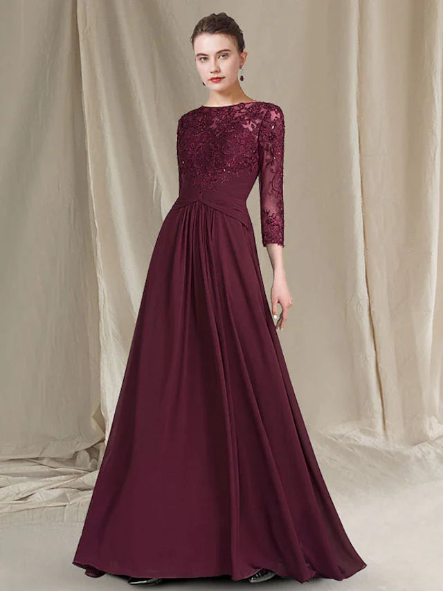 Sheath / Column Mother of the Bride Dress Plus Size Elegant Jewel Neck Floor Length Chiffon Lace 3/4 Length Sleeve with Ruched Appliques
