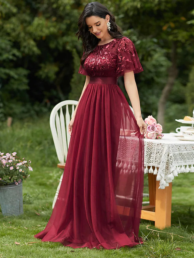 A-Line Prom Dresses Vintage Dress Prom Floor Length Short Sleeve Tulle with Sequin Ruffles Appliques