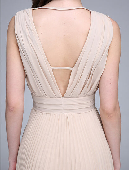 Bridesmaid Dress V Neck Sleeveless Elegant Floor Length Chiffon with Ruched