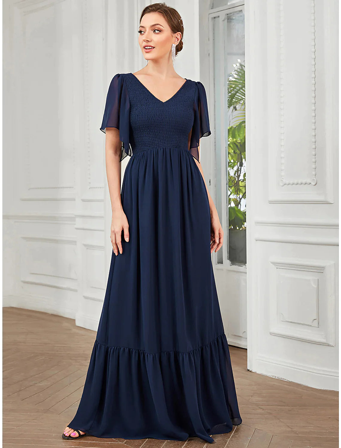 A-Line Prom Dresses Elegant Dress Party Wear Floor Length Short Sleeve V Neck Chiffon with Pleats