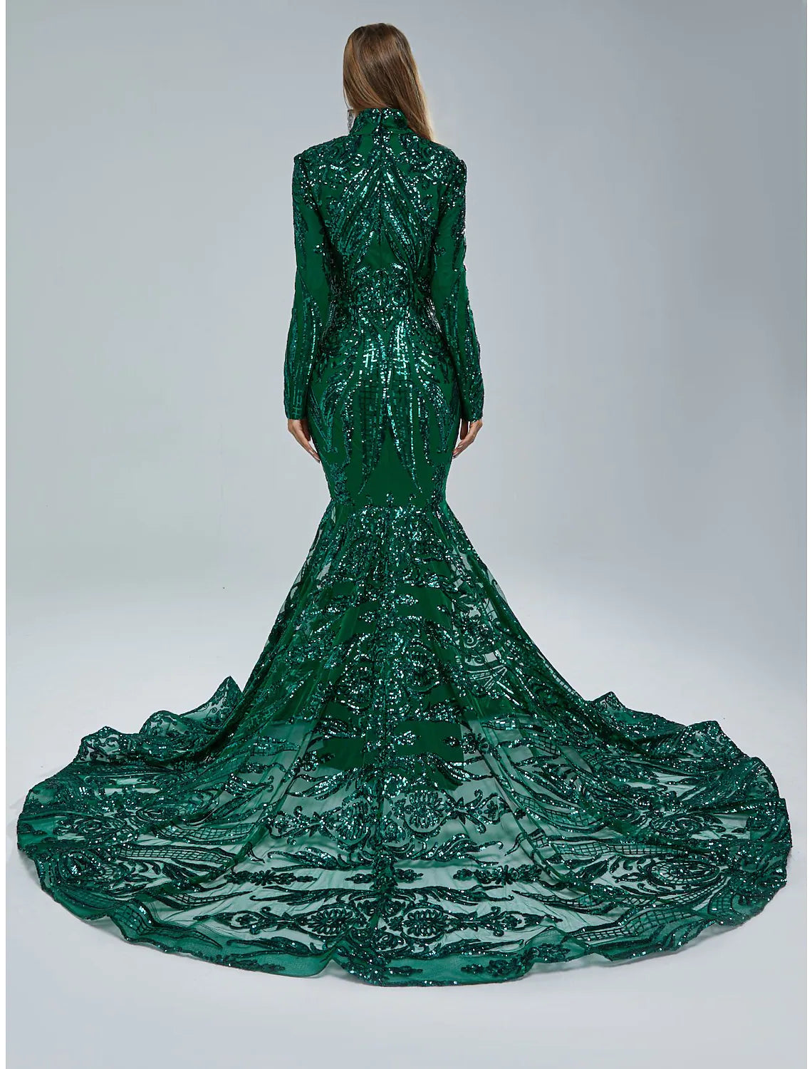 Evening Gown Elegant Dress Engagement Long Sleeve Stand Collar Lace with Sequin