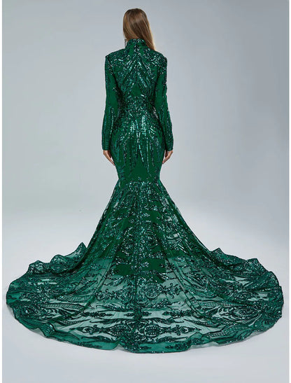 Evening Gown Elegant Dress Engagement Long Sleeve Stand Collar Lace with Sequin
