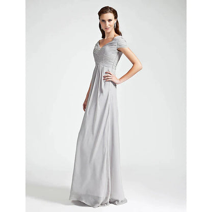 Sheath / Column Bridesmaid Dress V Neck / Off Shoulder Short Sleeve Open Back Floor Length Chiffon with Criss Cross / Draping